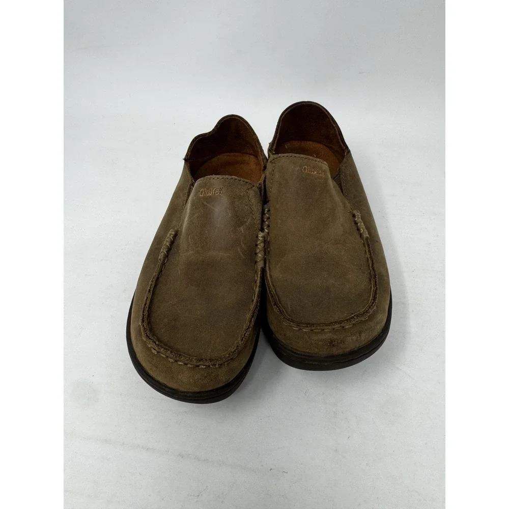 Olukai Moloa Boys Kids Size 1 B1 Leather Slip On Loafer Brown Shoes Moccasin
